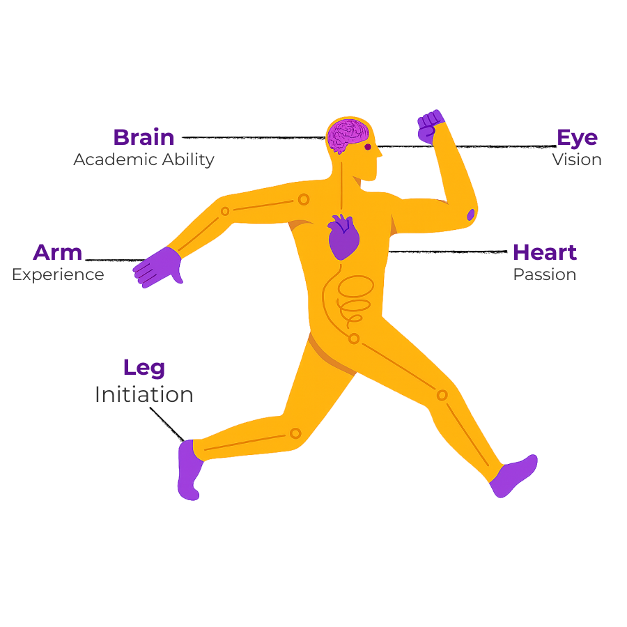 Five pillars of development illustrated on human body with labels